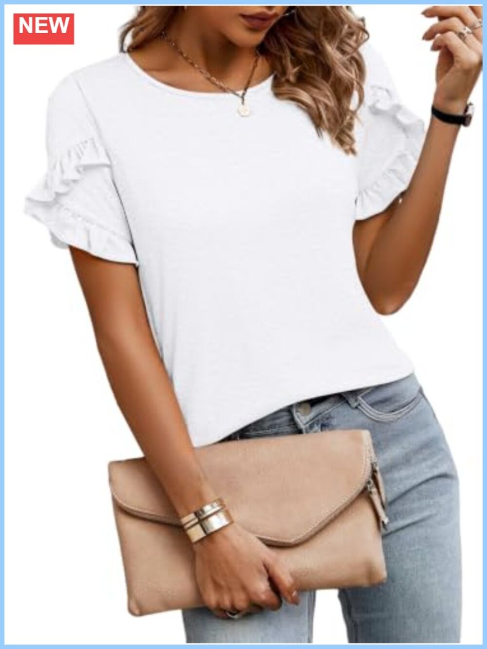 Womens Ruffle Sleeve T-Shirt Crewneck Short Sleeve Summer Business Casual Top